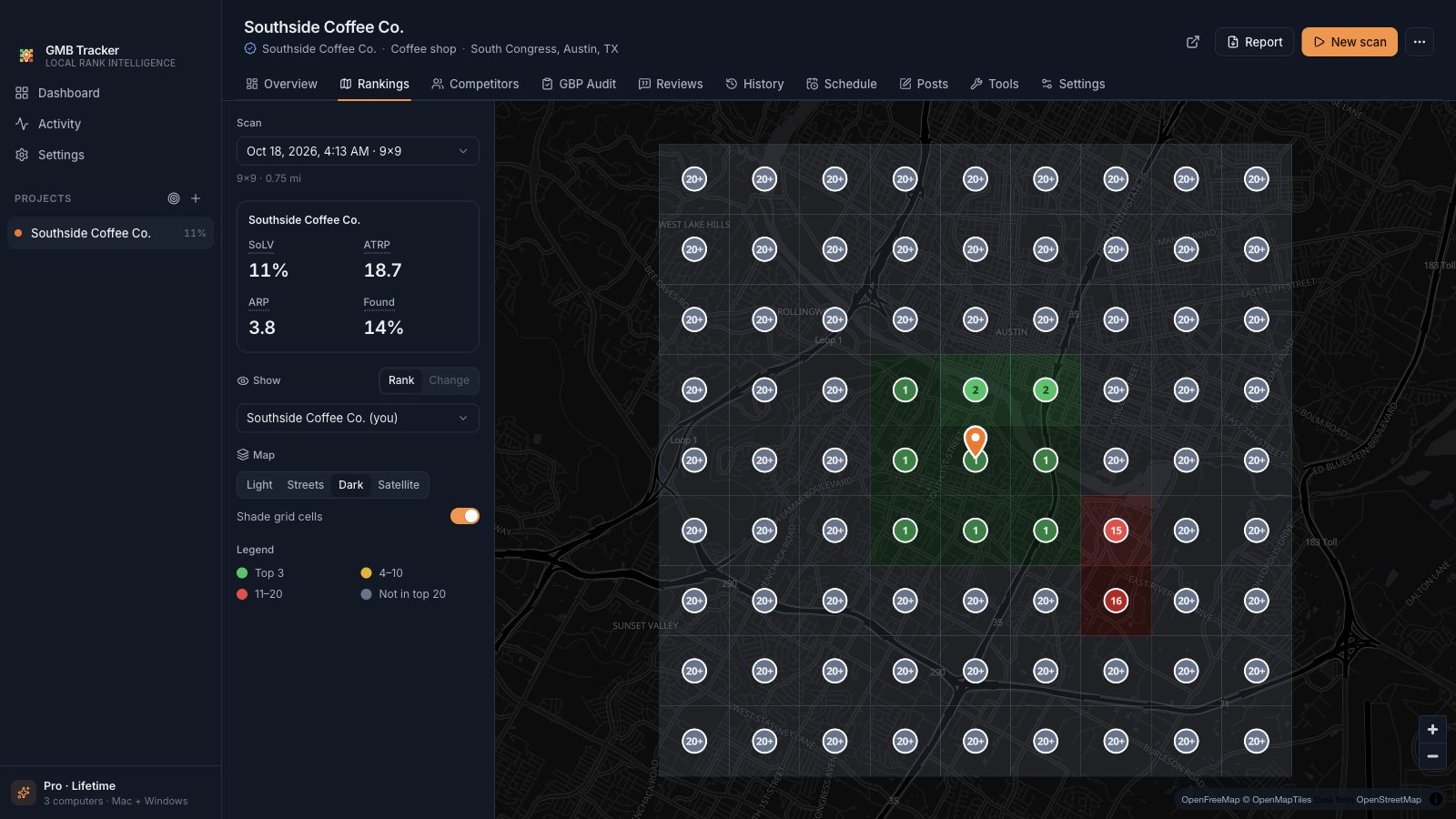 GMB Tracker heatmap: a 9×9 grid around a coffee shop showing it ranks in Google's top 3 only near its address